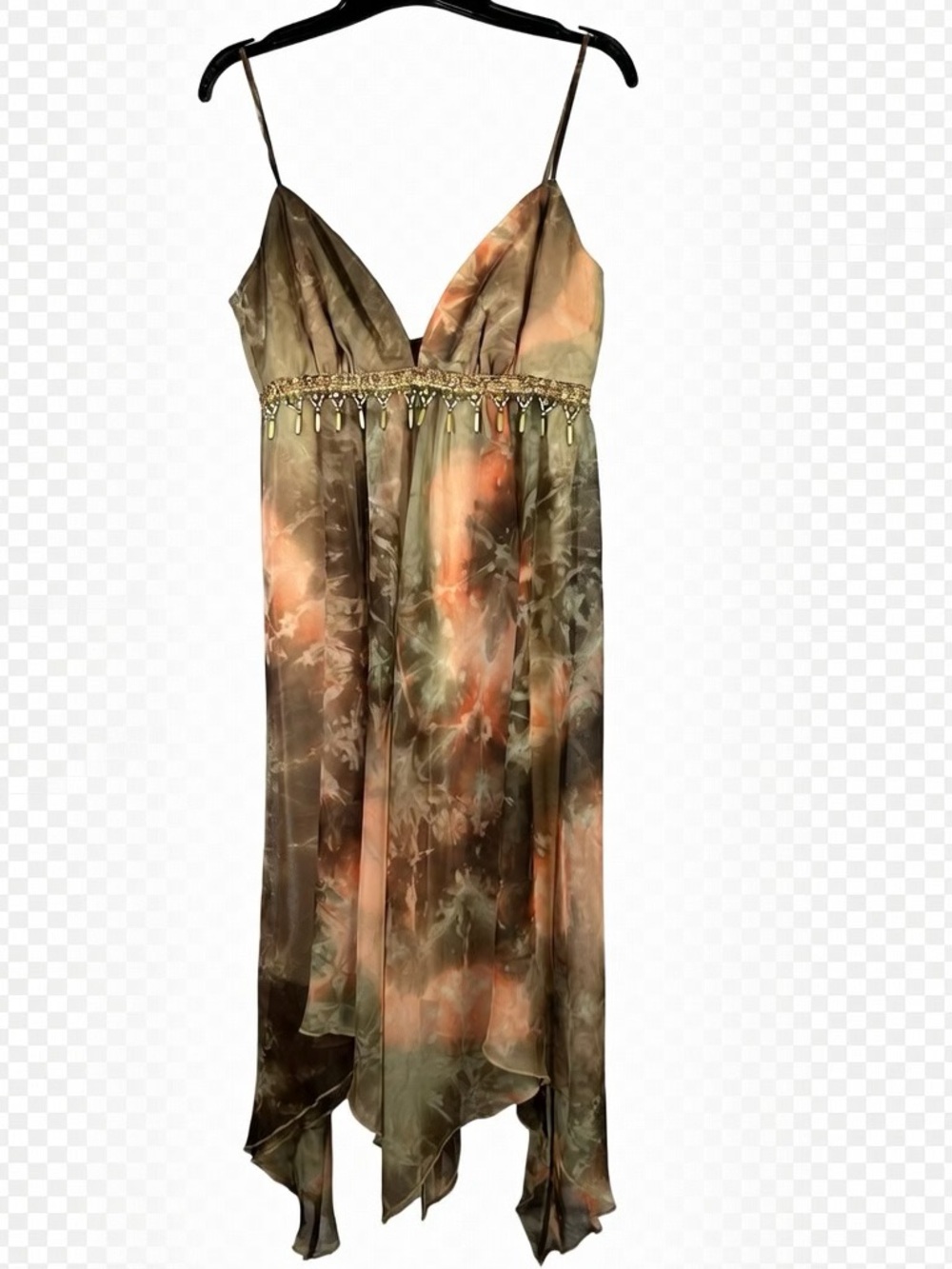ABS Allen Schwartz‎ Olive & Coral Asymmetrical Slip Dress w/Gold Trim Sz 6 A801 - Picture 2 of 8